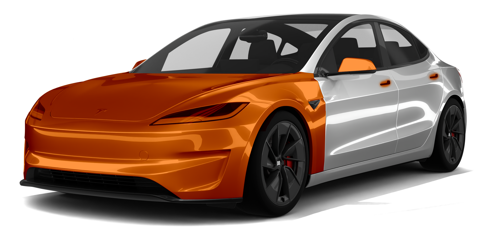 Orange and silver electric sedan in a three-quarter front view on a white background