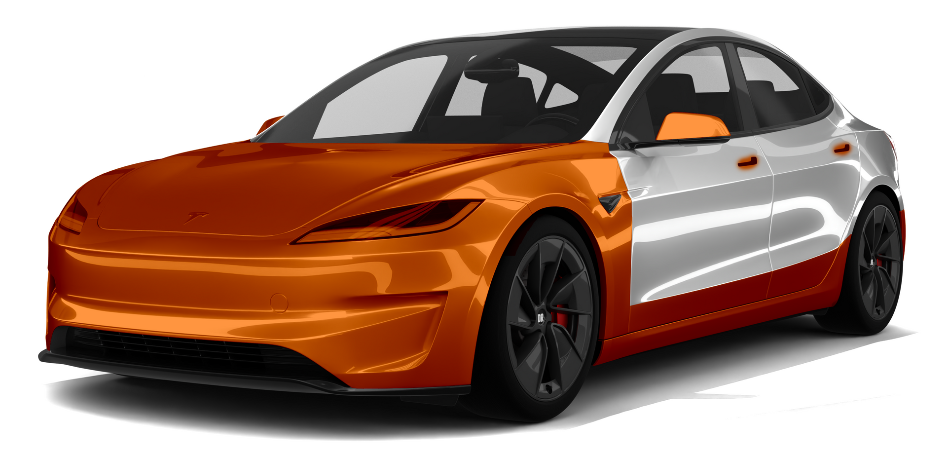 Orange sports sedan with black wheels and silver side panels on a white background