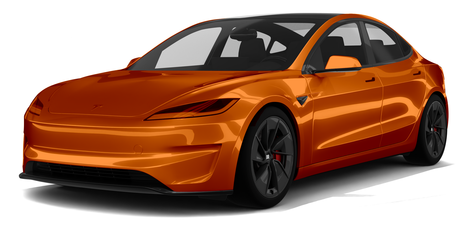 Orange sports sedan on a white background, front three-quarter view