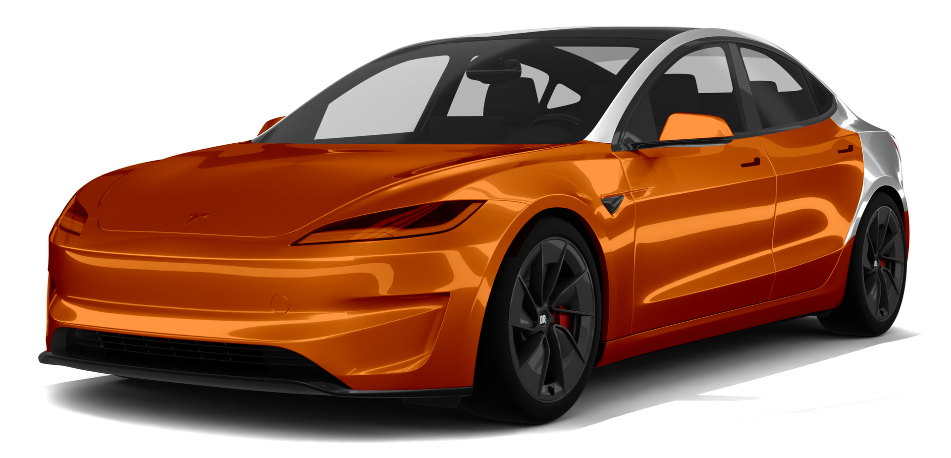 Orange sports sedan on a white background, shown in three-quarter front view.