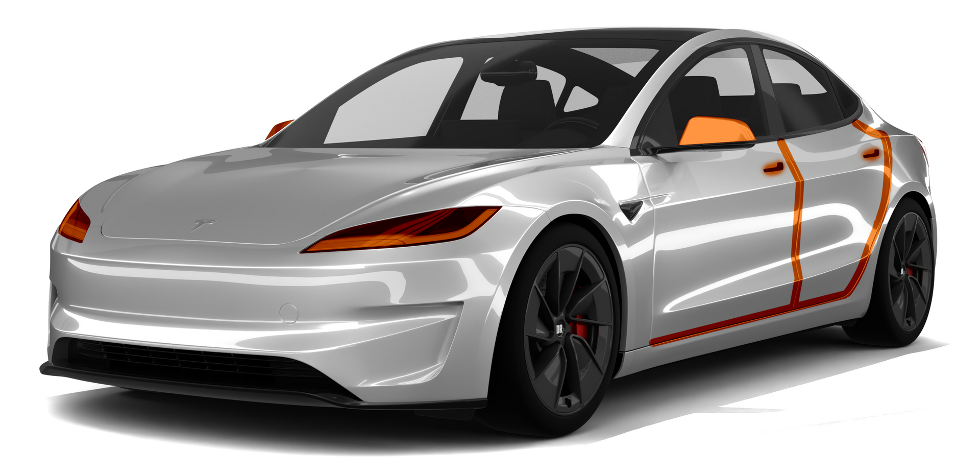 Silver sports sedan with black wheels and orange accents, shown in a front three-quarter view on white background