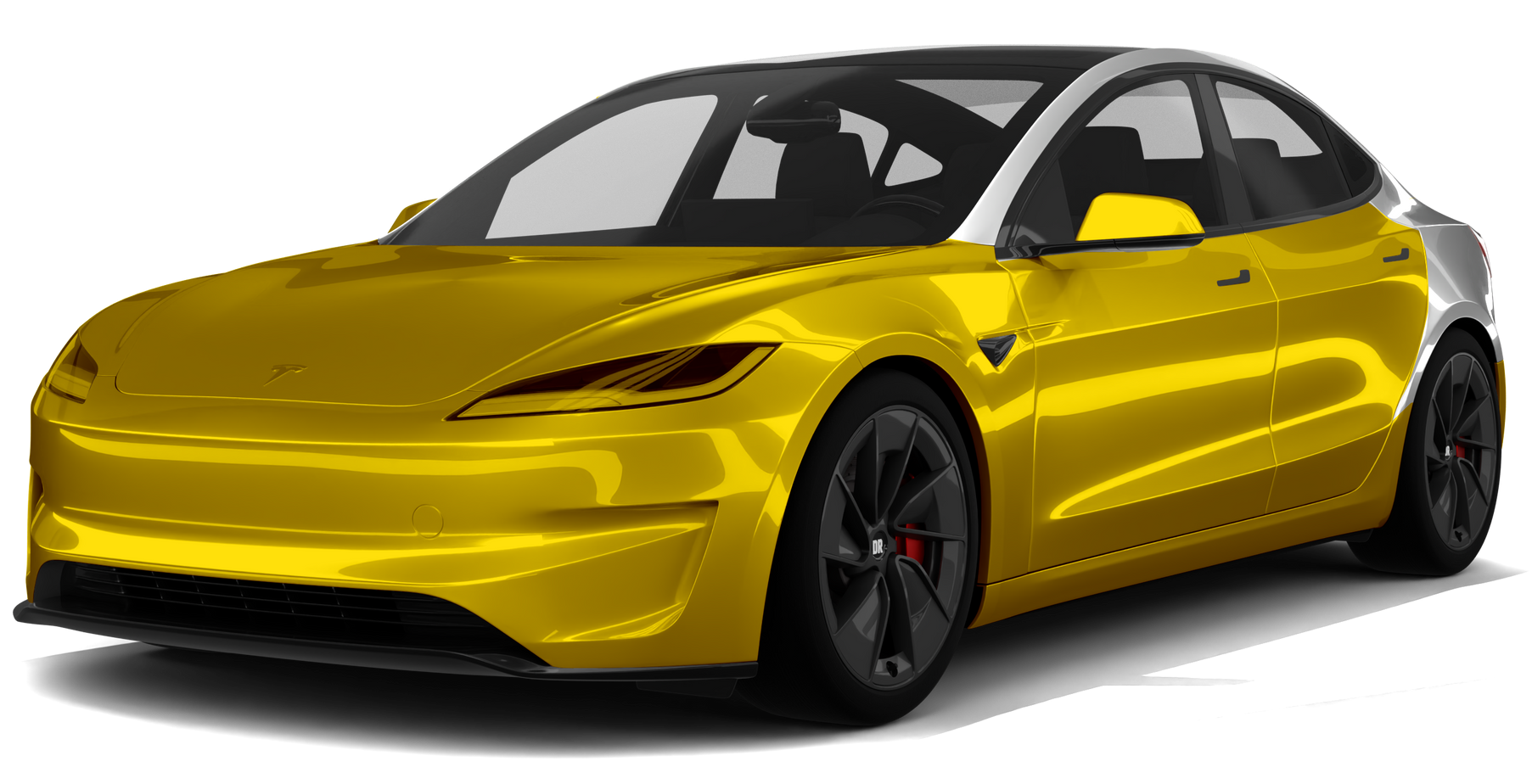 Yellow and silver sports sedan on a white background, front three-quarter view