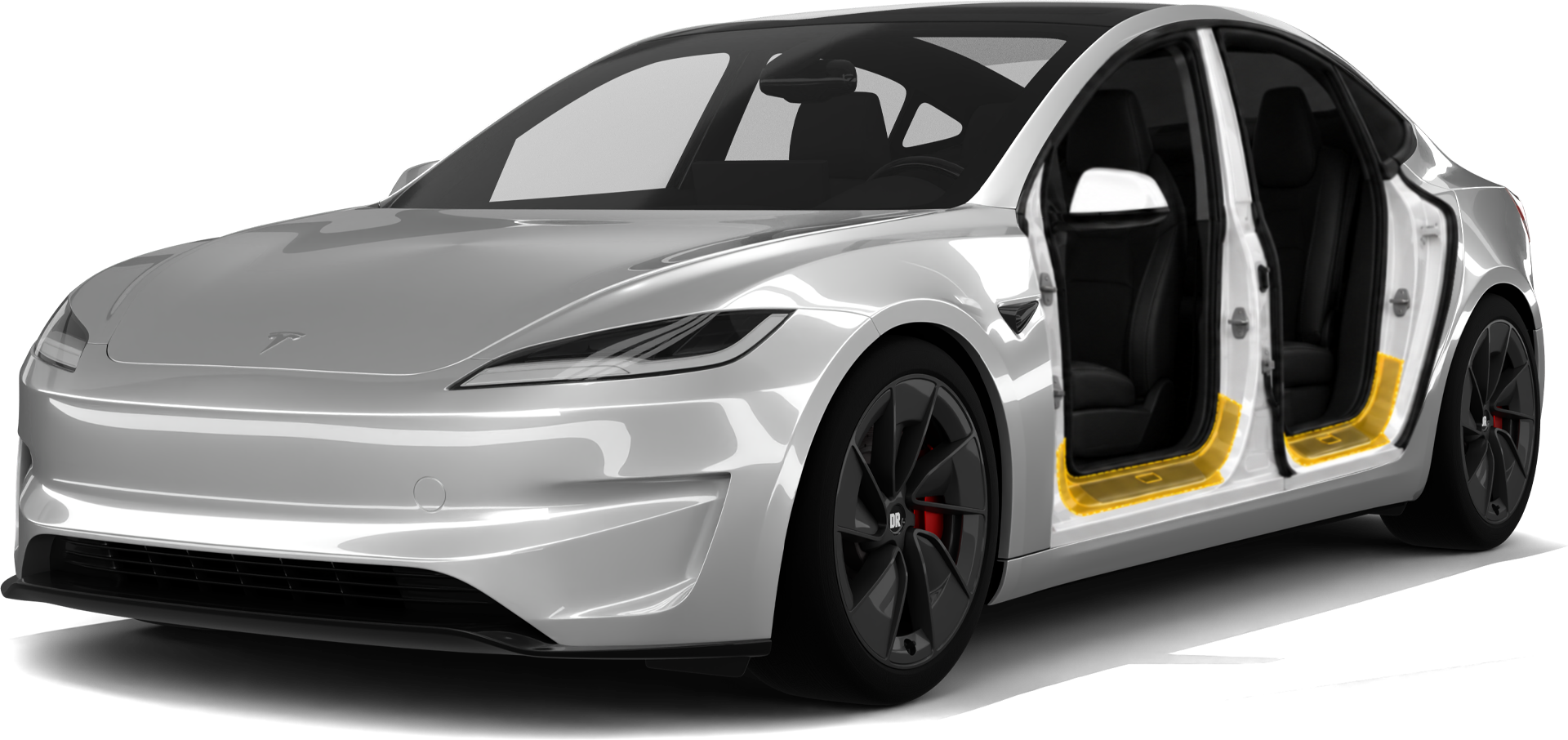Silver sporty electric sedan with black wheels and a yellow side line on a white background