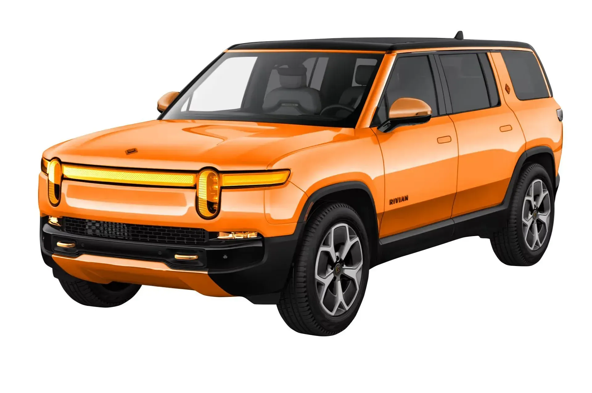 An orange suv with a black roof is on a white background.