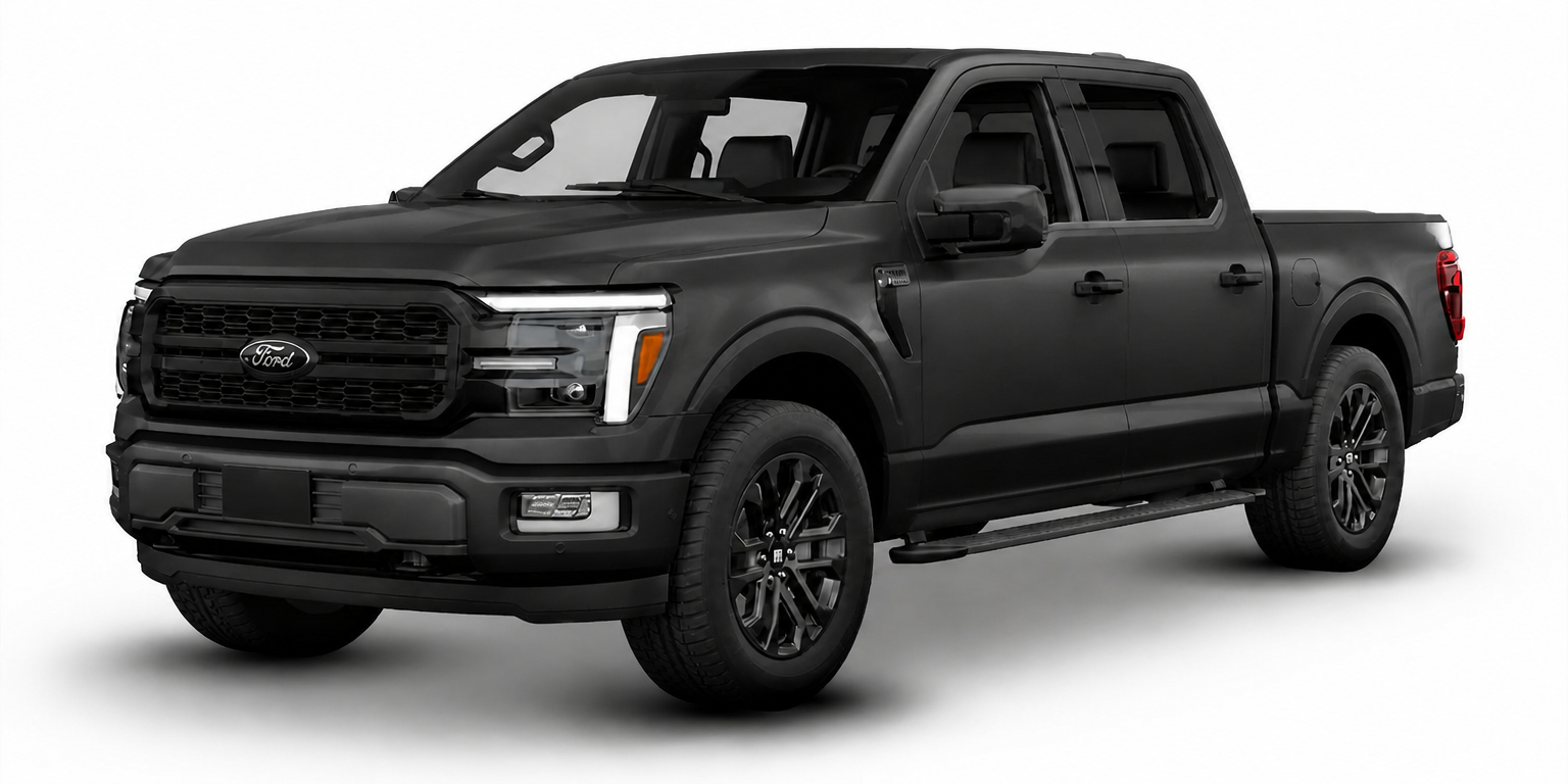 Black Ford pickup truck in three-quarter front view on a white background