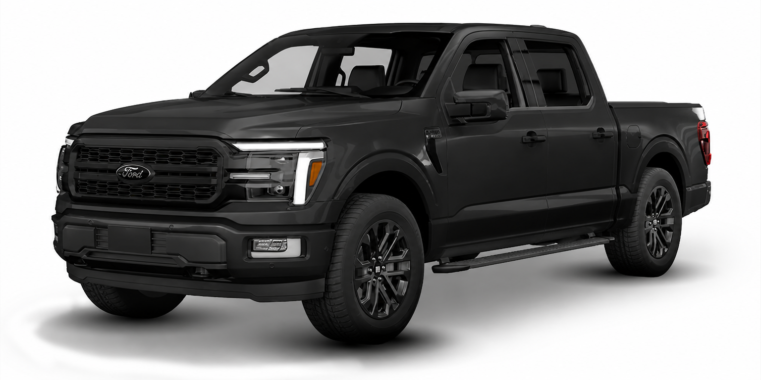 Black pickup truck on a white background, front three-quarter view