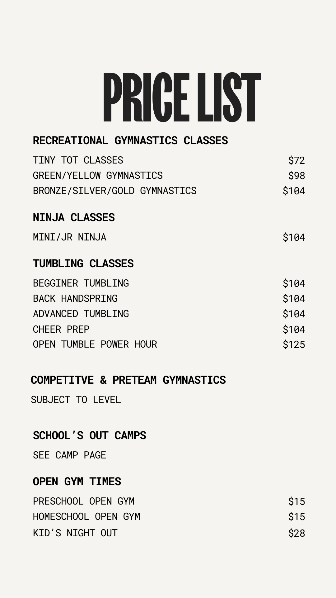 Price list for gymnastics classes, including recreational, clinics, and open gym times.