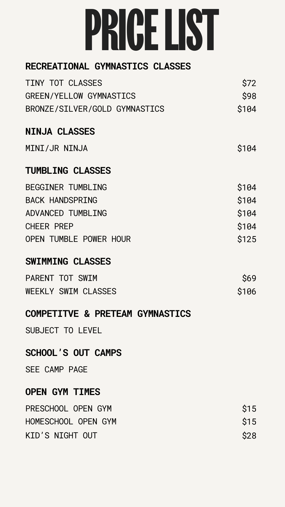 Price list for gymnastics classes, including recreational, clinics, and open gym times.