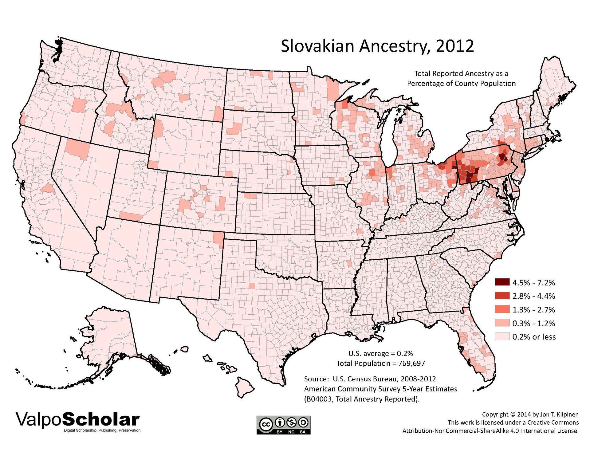 Slovakian Ancestry, 2012 County-level map of population that specified Slovakian ancestry in 2012