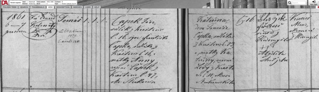 BirthBaptismTomasCapek1261861Chrastovice16RadomyslB9image191StrakoniceTrebonArchives BirthBaptismTomasCapek1261861Chrastovice16RadomyslB9image191StrakoniceTrebonArchives