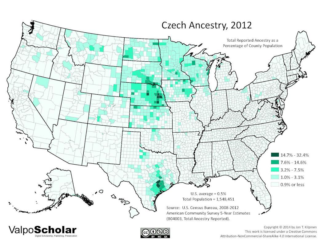 County-level map of population that specified Czech ancestry in 2012 County-level map of population that specified Czech ancestry in 2012