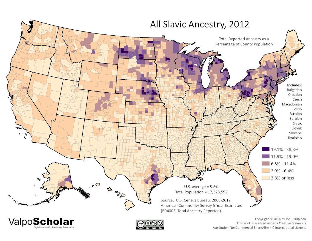 County-level map of population that specified any Slavic ancestry in 2012 County-level map of population that specified any Slavic ancestry in 2012