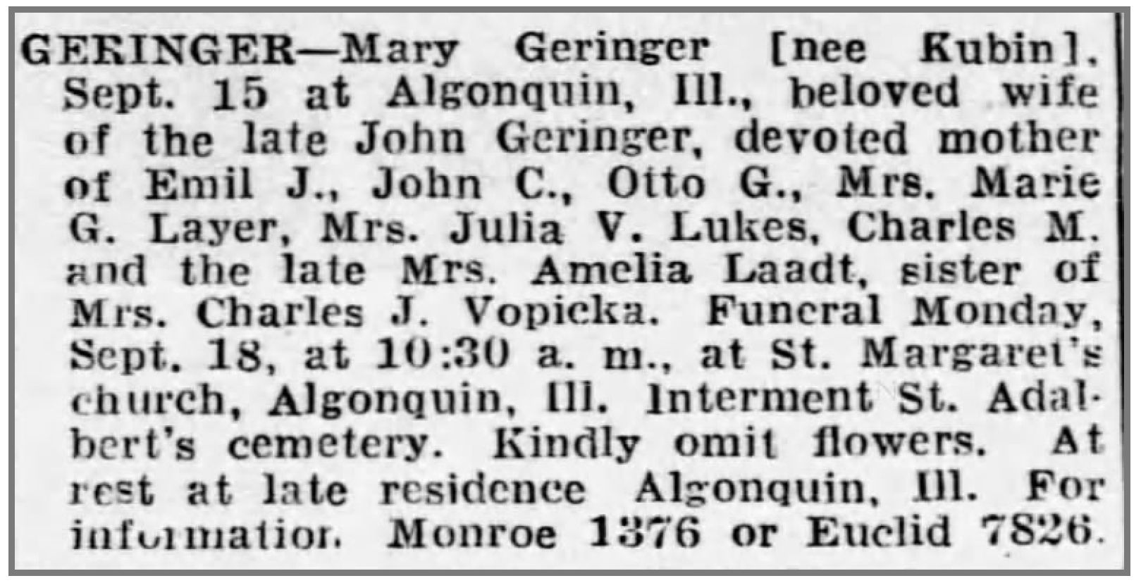 ObitMaryKubinGeringer1939StAdalbert