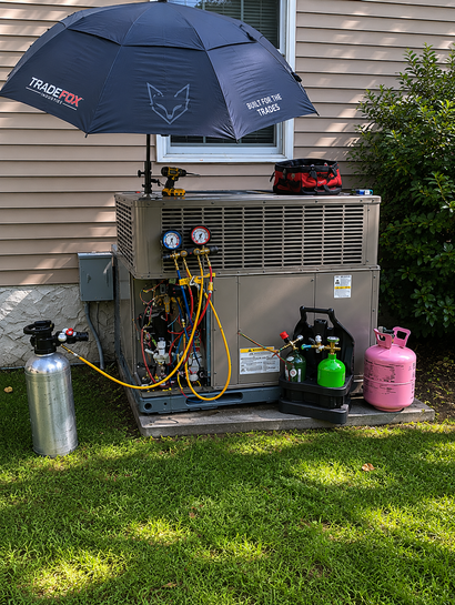 Outdoor HVAC repair setup with equipment, hoses, and tools under a gray umbrella beside a house