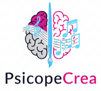Logotipo con un cerebro dividido en dos, sosteniendo un pincel. Notas musicales y colores que resaltan la creatividad. 