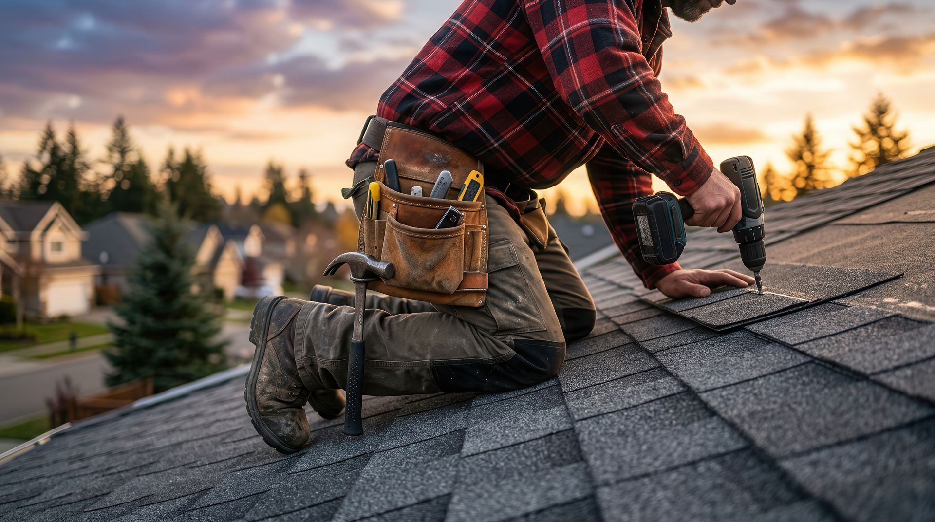 Roofer installing asphalt shingles with a power drill on a residential roof Roofer installing asphalt shingles with a power drill on a residential roof