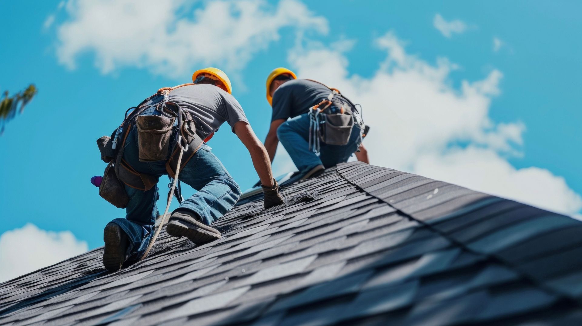 With safety harnesses and equipment, a team of roofers works to fix a damaged section of a roof.