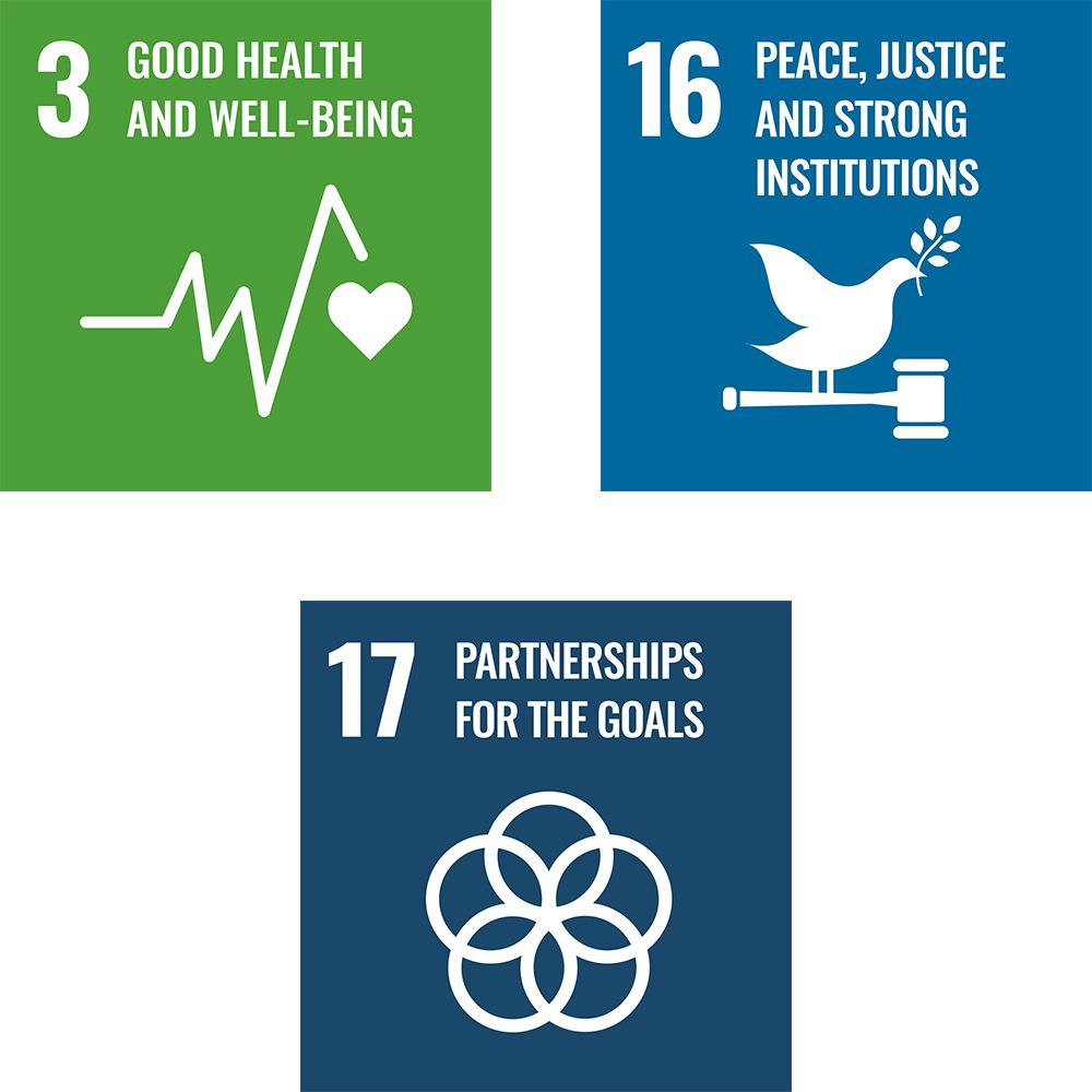 3 Good health and well-being symbol, 16 Peace, justice and strong institutions symbol, 17 Partnerships for the goals symbol
