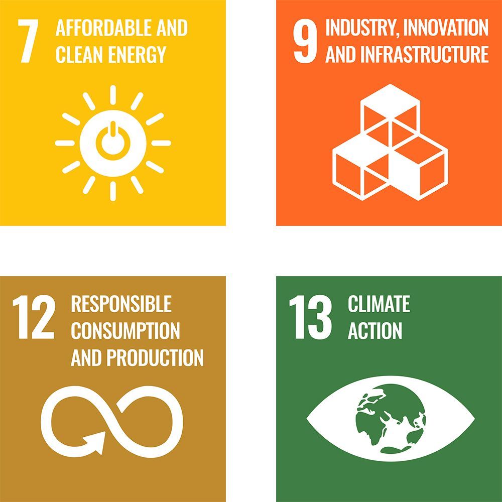 7 Affordable and Clean Energy symbol, 9 Industry, innovation and infrastructure symbol, 12 Responsible Consumption and Production, 13 Climate Action symbo, 
