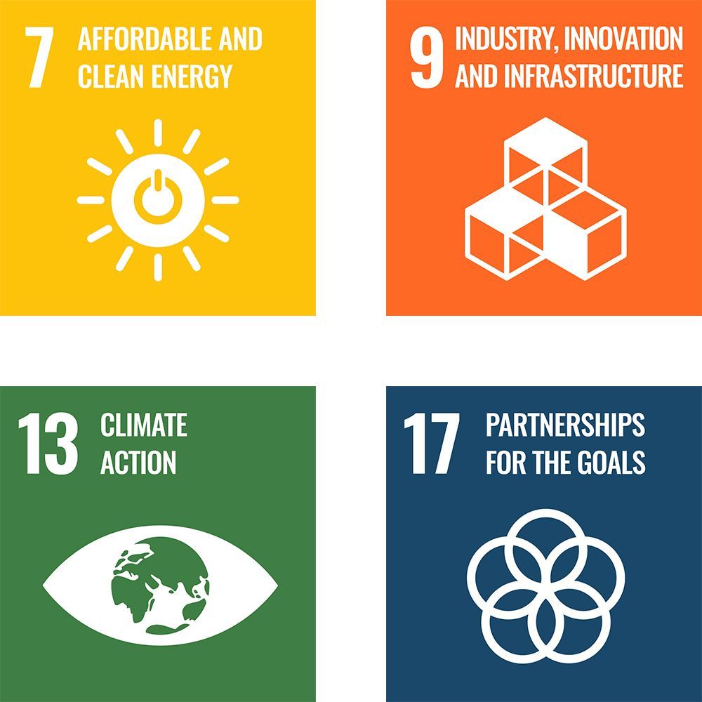 7 Affordable and Clean Energy symbol, 9 Industry, innovation and infrastructure symbol, 13 Climate Action symbol, 17 Partnerships for the goals symbol