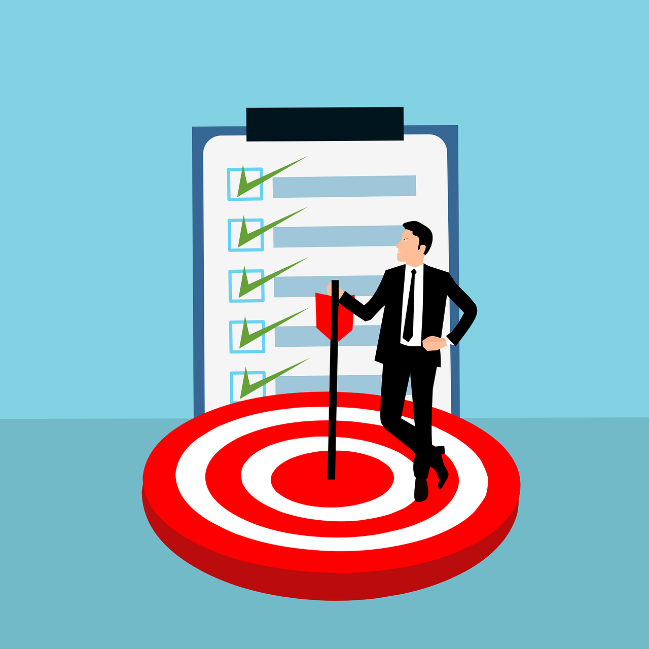 animated man standing on target with a checklist board behind