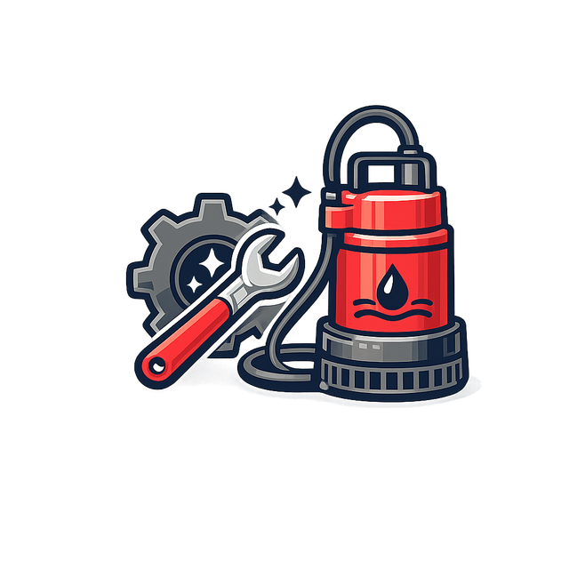 Red water pump with a wrench and gear icon, suggesting plumbing repair or maintenance