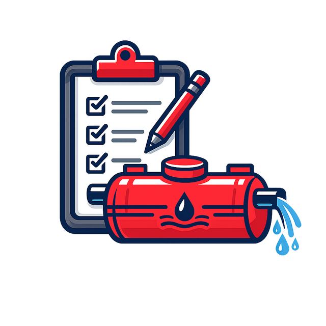 Checklist with red pen and red leaking fuel tank icon
