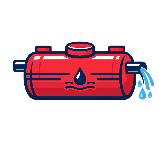 Red water tank with a water drop symbol and blue water leaking from the right side