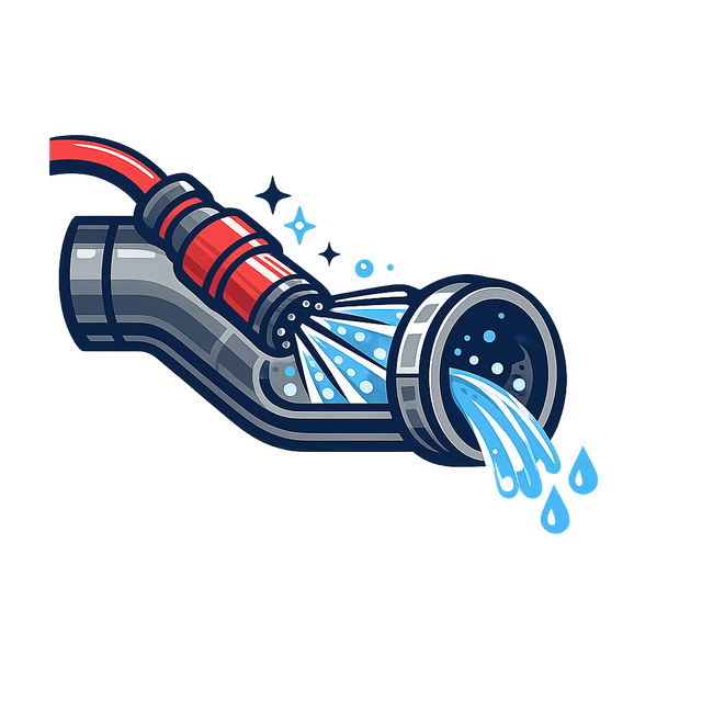 Leaking blue-gray pipe with red clamp spraying water drops