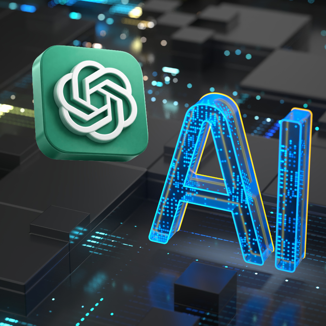 OpenAI logo beside glowing blue “AI” letters on a dark circuit-board background and ChatGPT 3D logo
