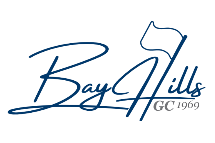 Bay Hills Gold Club 1969 logo in blue cursive with a stylized golf flag