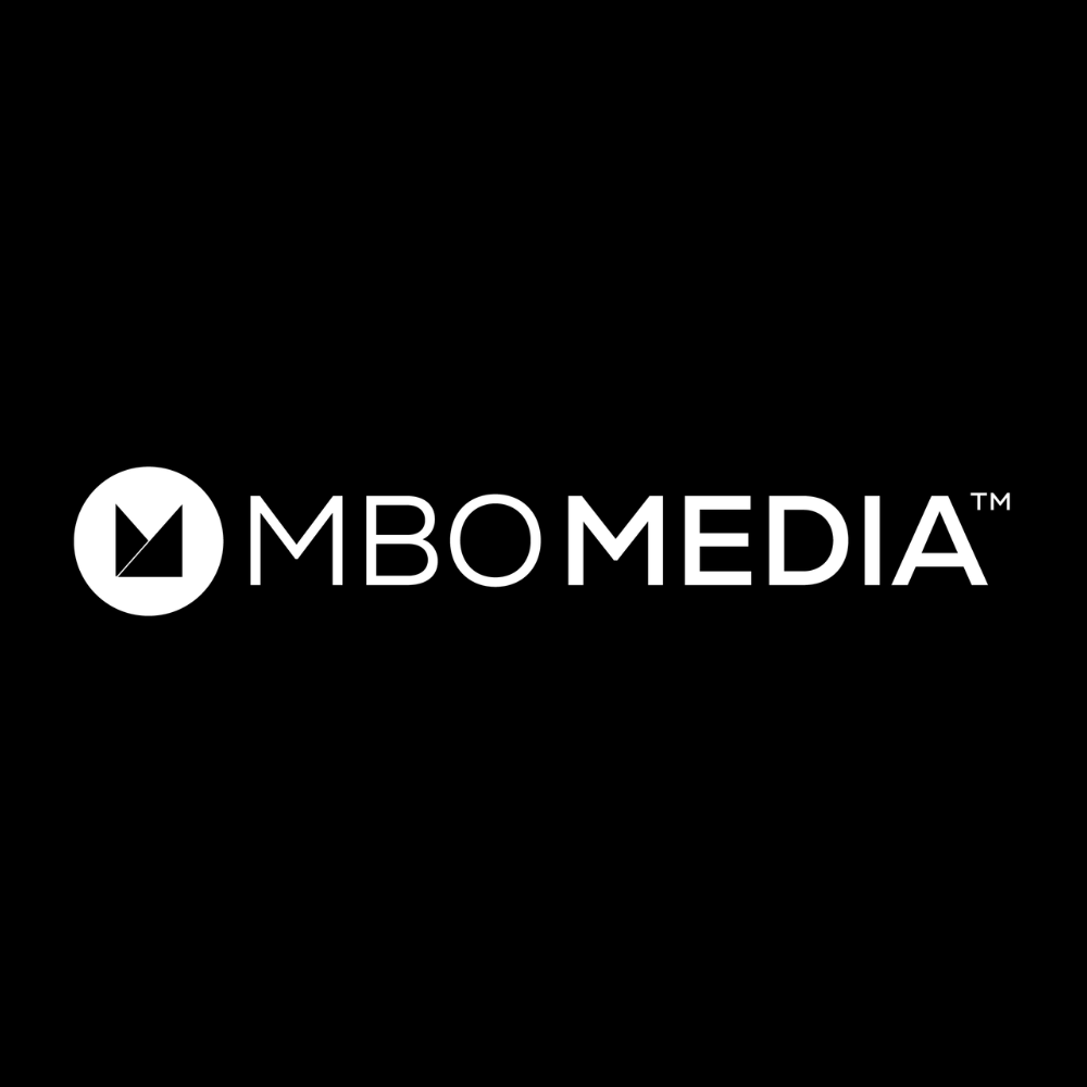 Black background with MBO Media logo in white text and white circle with black triangles graphic