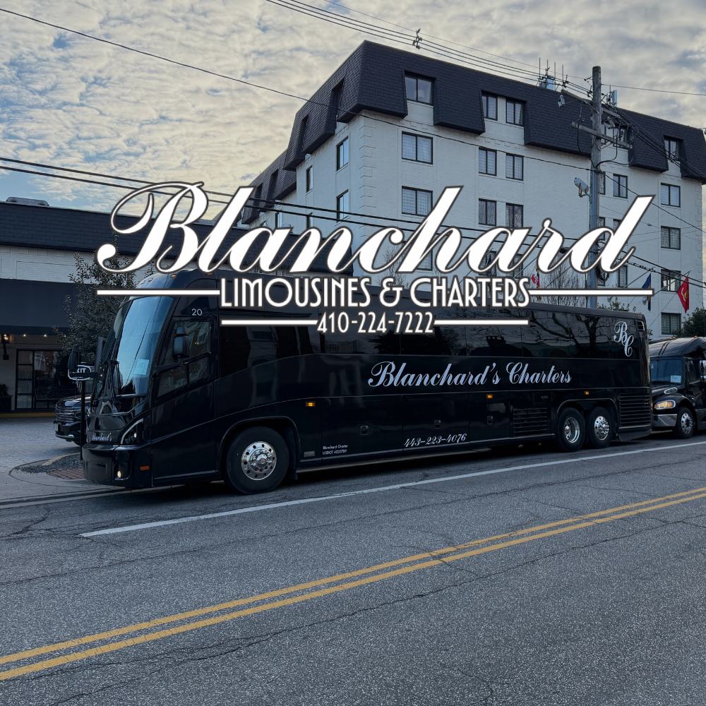 Blanchard Charter black limousine charter bus with Blanchard Limousines & Charters branding on a city street