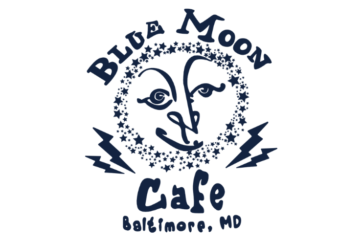 Blue Moon Cafe logo with crescent moon face, stars, lightning bolts, and Baltimore, MD text