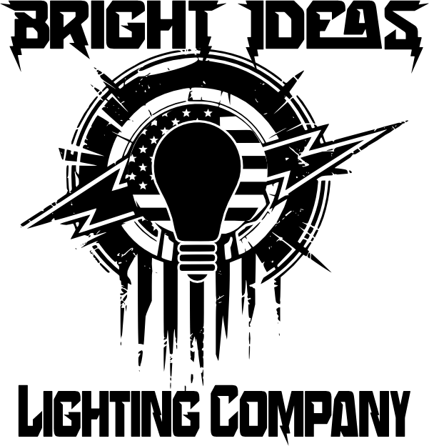 Black-and-white Bright Ideas Lighting Company logo with a light bulb and lightning bolts