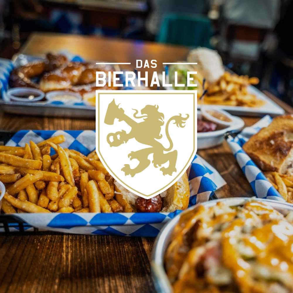 Das Bierhalle logo on top of image of Das Bierhalle menu items on table