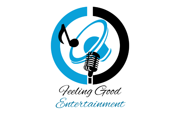 Peeling Food Entertainment logo with black and blue musical symbols and a microphone