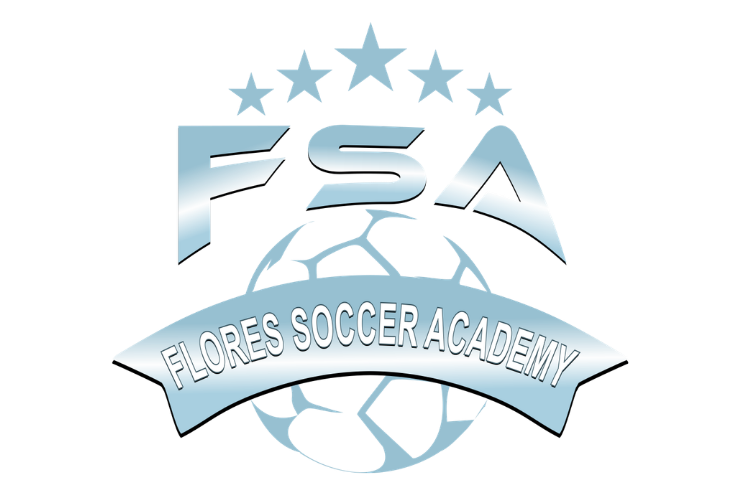 Logo for Flores Soccer Academy with blue stars and stylized FSA lettering over a soccer ball
