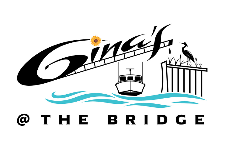 Ginas at The Bridge logo with black script, blue waves, and a bridge icon with a boat