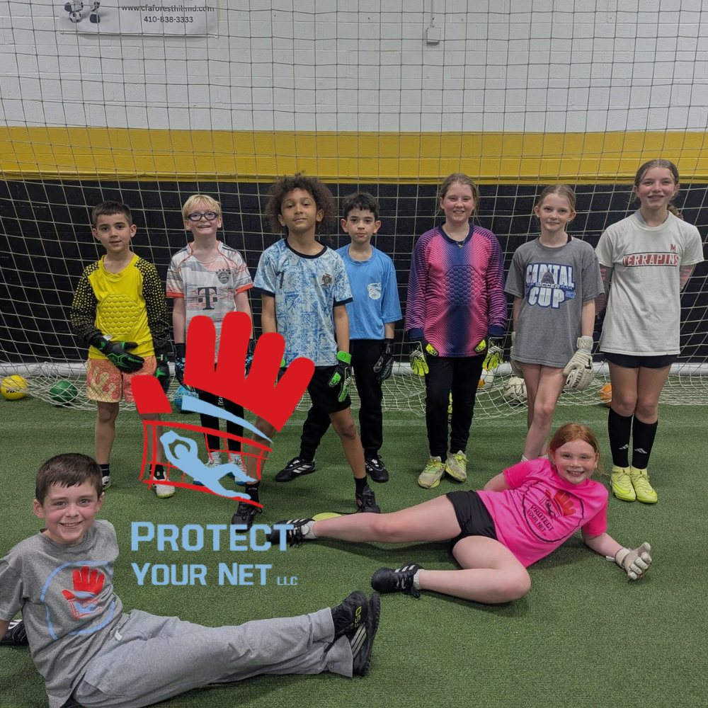 Protect Your Net youth boys and girl goalkeepers posing on an indoor soccer field with the Protect Your Net logo on top of image