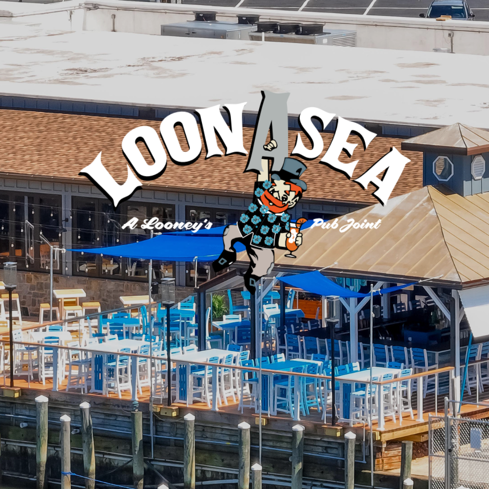 LoonAsea logo over and image of the marina's restaurant with blue umbrellas and docked boats