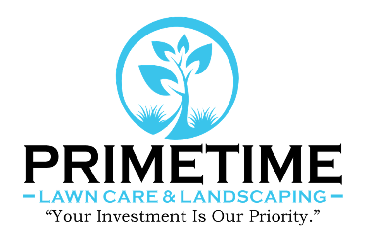 Primetime Lawn Care & Landscaping logo with blue tree icon and tagline “Your Investment Is Our Priority.”