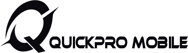 QuickPro Mobile logo with a stylized black Q and bold dark blue text on a white background