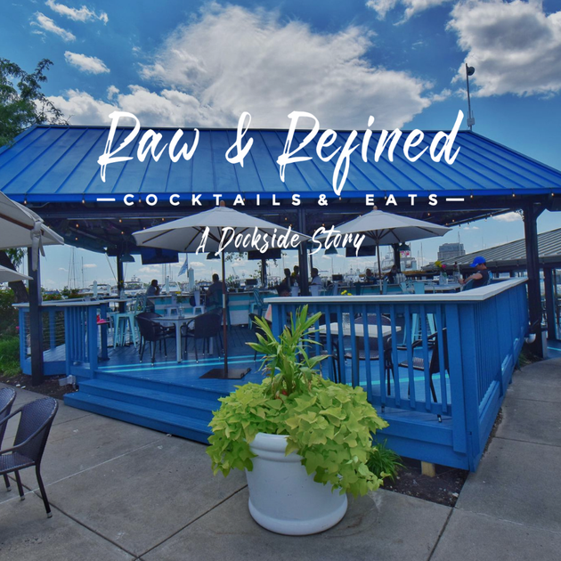 Blue outdoor cocktail bar with “Raw & Refined” sign and potted plant in front and Raw & Refined logo on top of image