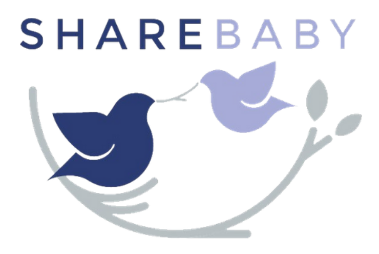 ShareBaby logo with two stylized birds in blue and lavender on a gray branch