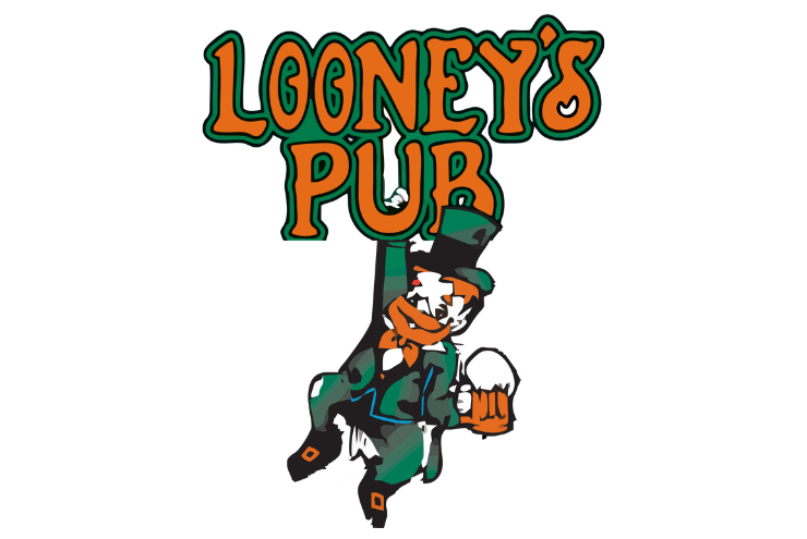 Looney's Pub Logo with leprechaun holding a beer hanging from the 'U' in PUB