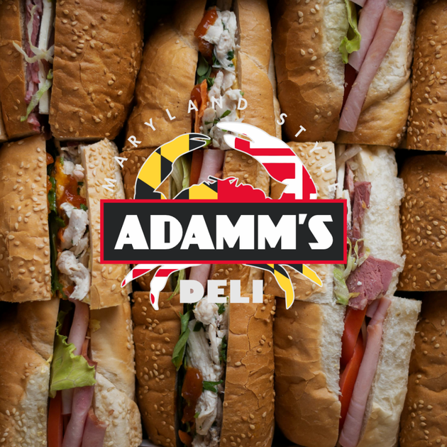 Adamm’s Deli logo over a background of stacked deli sandwiches