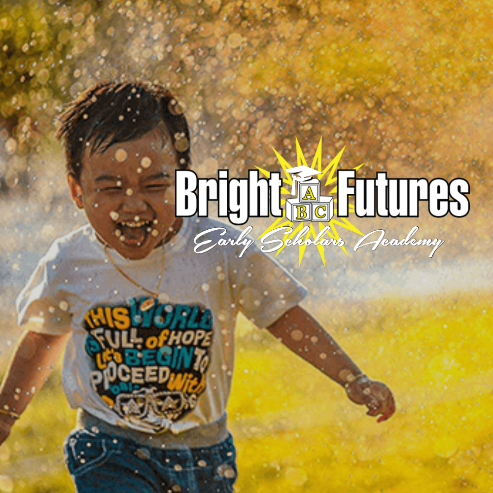 Child running through golden water with “Bright Futures Early Childhood Academy” logo overlaid