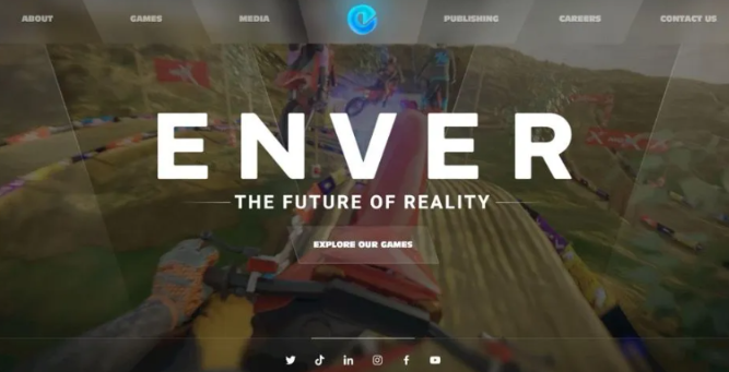 Website hero banner reading “ENVER” with “THE FUTURE OF REALITY” over a blurred city/landscape background