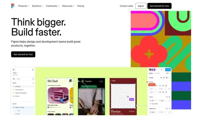 Website homepage with headline “Think bigger. Build faster.” and colorful design mockups on the right